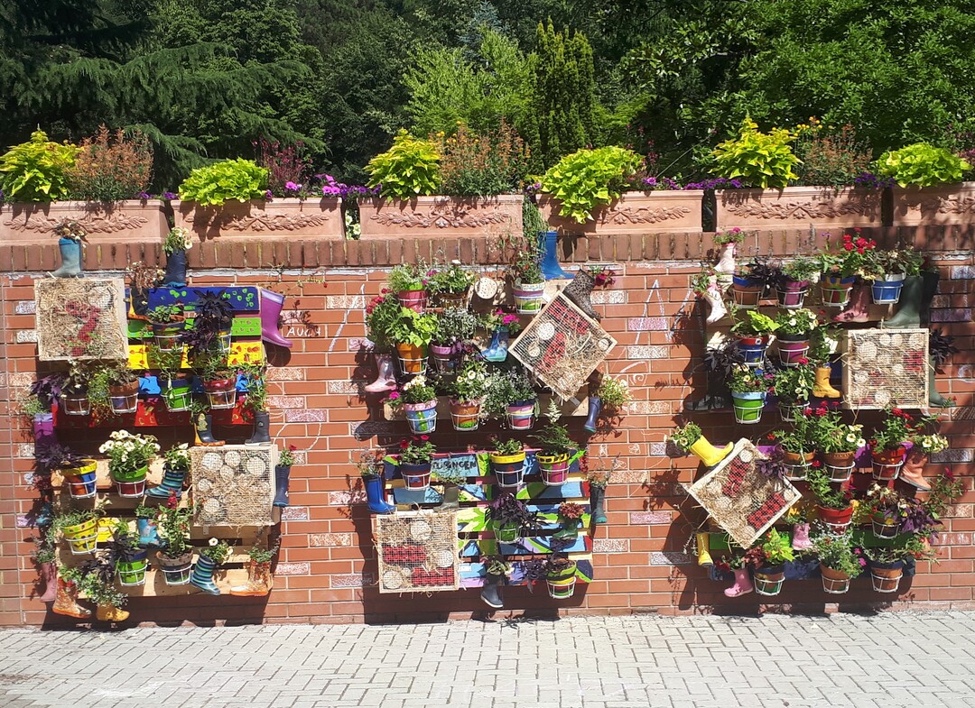 Augen- und Bienenweide: die vertikal bepflanzte Backsteinwand im Garten fr Alle auf der Mainau.
