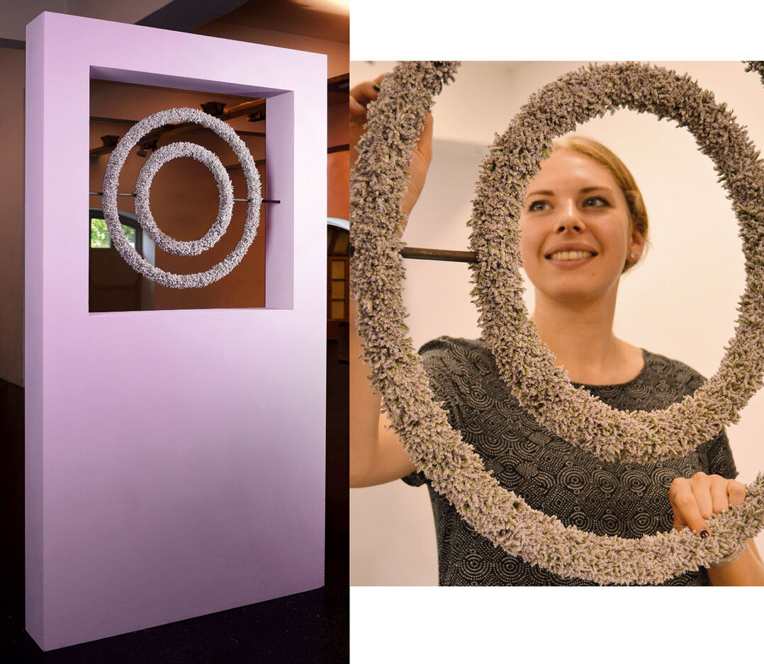 Kranzform Den Unterbau für ihre Kranzform ließ Lea Schellscheidt vom Metallschweißer anfertigen. Auf die Konstruktion wurde Limonium vollrund aufgebunden. Die monochrom gehaltene Bestückung verstärkte die Wirkung des „geisterhaften Kranzkörpers“.