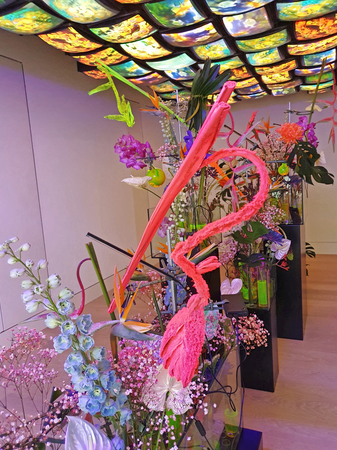 Gewagt wie die Kunst an der Decke: Fisch fliegt am Himmel von Tino Hoogterp unter einer Videoinstallation von Nam June Paik.