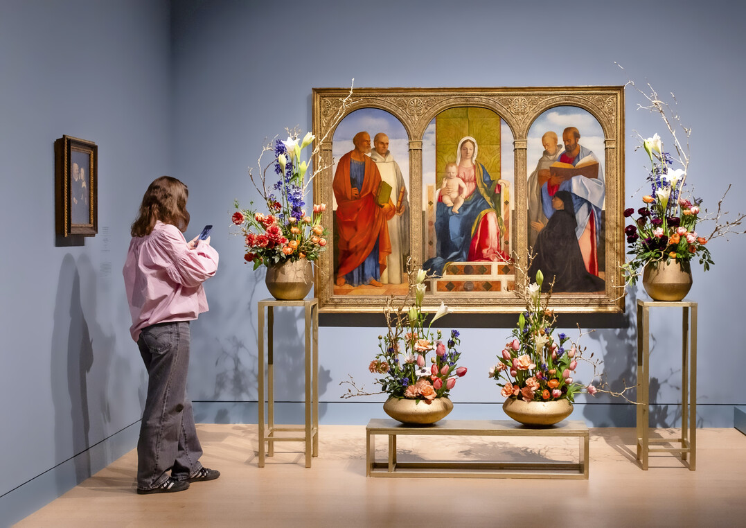Altarbild mit Madonna, und Heiligen, Giovanni Bellini und Werkstatt  floral interpretiert von Victoria Bernds, Blumen Lehmann: Weiche Klarheit mit 
<i>Calla</i>
, Tulpen, Ranunkeln, Skabiosen, Anthurien und Frhlingsblumen