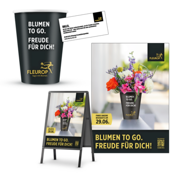 Das Werbemittelpaket umfasst ein aufmerksamkeitsstarkes A1-Poster, 30 praktische Becher zum Verteilen der Struchen und 30 personalisierbare Visitenkarten.