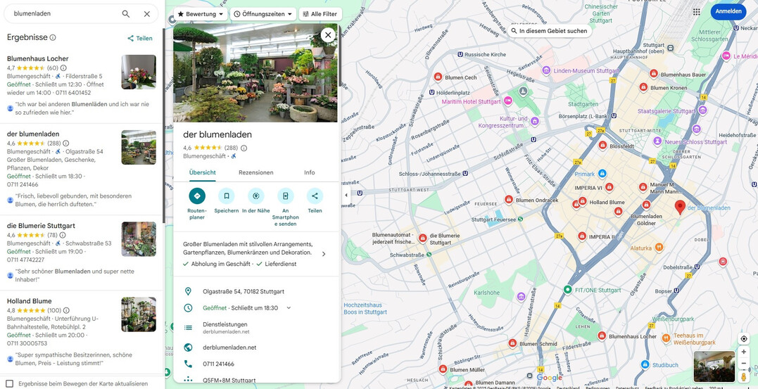 Ein Unternehmensprofil bei Google steigert die digitale Sichtbarkeit bei lokalen Suchanfragenerscheint das Geschft direkt in der Google-Suche und auf Google Maps, wenn potenzielle Kunden nach einem Blumenladen in der Nhe suchen.