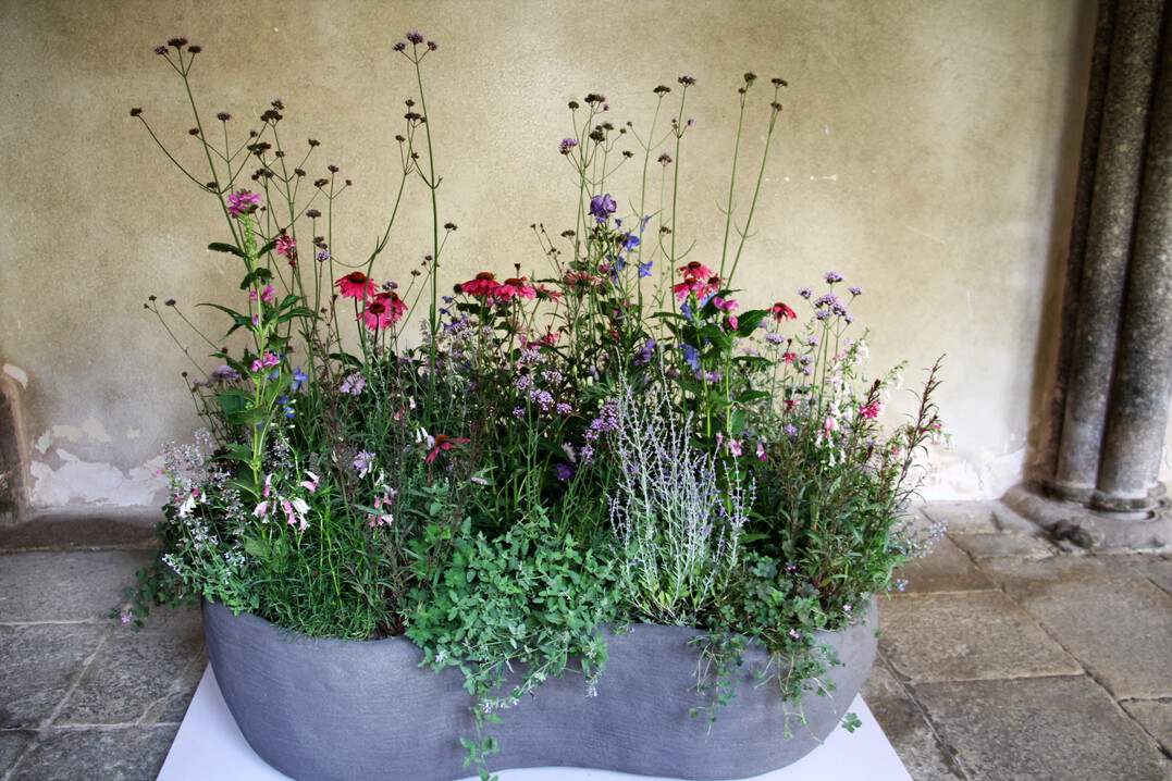 <b>Graldine Lang</b>
 bepflanzte ein selbst gestaltetes organisches Betongef mit einer Vielfalt an Stauden und einjhrigen Pflanzen in den Farben Rot, Rotviolett, Violett, aufgehellt, getrbt und vielen Grnfacetten. Die verschiedenen Farbtne korrespondierten mit der Farbe des Gefes. Beurteilt werden in der Prfung auch die Pflanzensoziologie, die Zusammenstellung der Pflanzen in Bezug auf Standort und Pflegeansprche. 