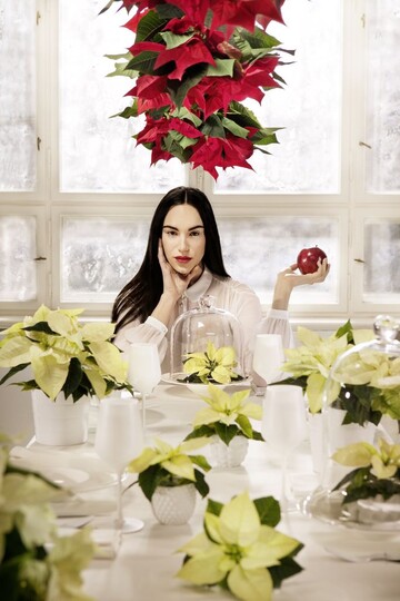 Schneewittchen an der mit weien Poinsettien festlich geschmckten Dinnertafel und roten Weihnachtssternen im Sky Planter.