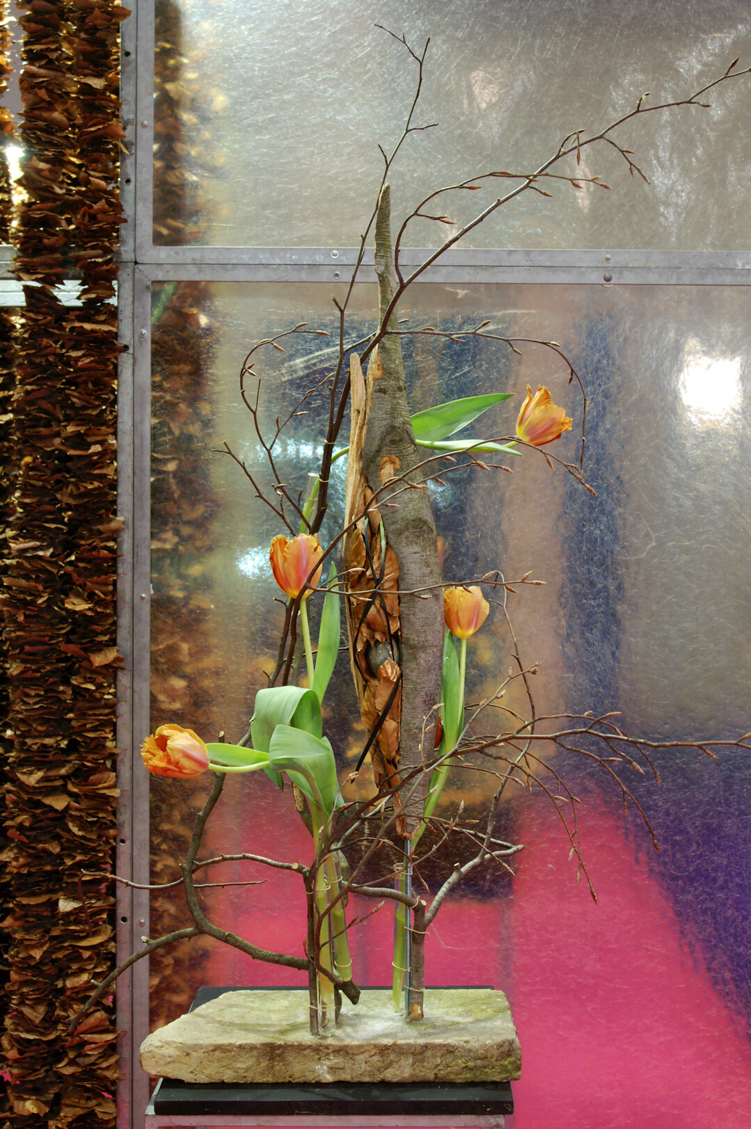 Kathrein Kuhnert f�gte Buchenholzst�cke, die sie beim Spaziergang gefunden hatte, neu zusammen. Von der glatten, grauen Buchenrinde sollte wenig ablenken und verdeckt werden.
In der ��ffnung� verstecken sich besondere Vogeleier.  