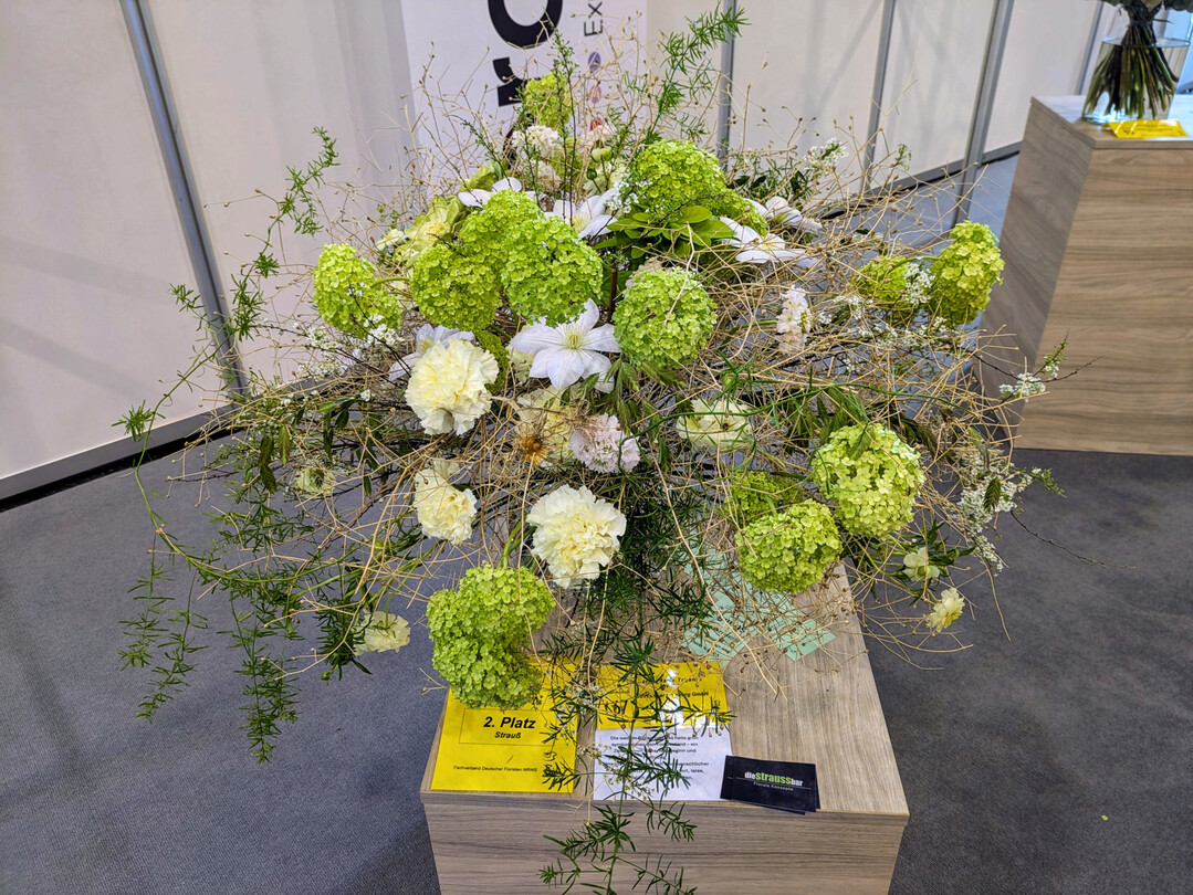 Beste Azubi-Arbeit Strauß: Die Auszubildende Sarah Marie Trijanto erreichte mit ihrem Strauß die zweitbeste Punktzahl im Wettbewerb. Die weißen Blüten und das helle Grün symbolisieren laut der angehenden Floristin den Fortbestand – ein Zeichen von Ruhe, Neubeginn und Hoffnung.