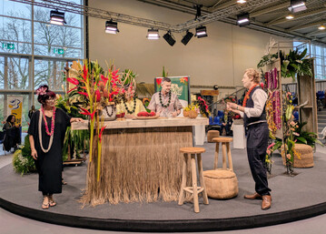 Ein Bar-Dekoration mit
<i> Heliconia, </i>
Ingwer 
und weiteren exotischen Bl�ten in einer Steckhilfe aus Bambuszuschnitten. 