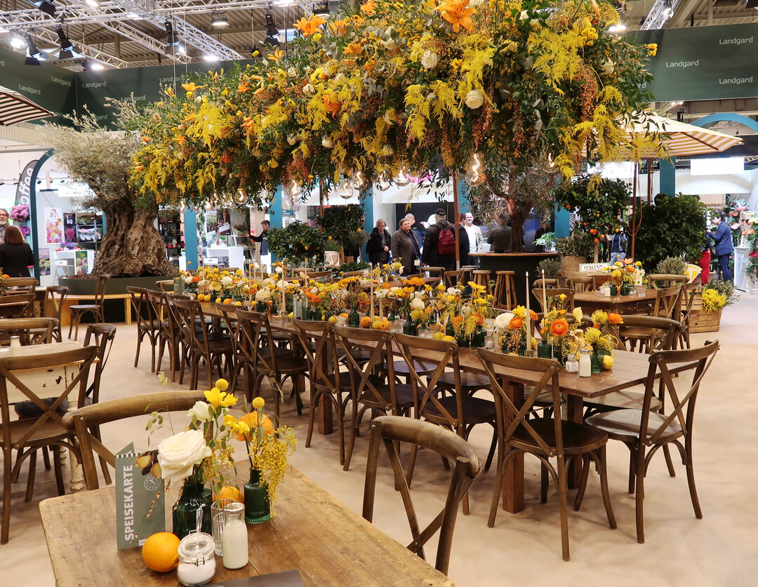 Beeindruckend – die Standgestaltung der Landgard im Trendthema „Tutto Italiano“, die unter der Federführung von Victor Breuer, Düsseldorf, und Andrea Hermes, Blumen Hermes in Tönisvorst gestaltet wurde.