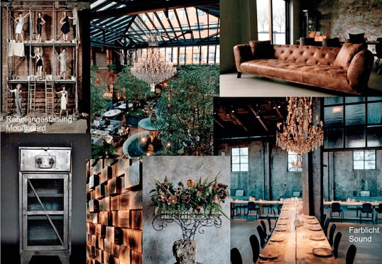 1) Alles beginnt mit Moodboards. Das Industrial-Thema in der Floristikhalle wirkt trotz Rustikalitt sehr edel  in dunklen Farbtnen, mit Leder sowie in Nussbaum lasiertem Holz. Wo so viel rauer Werkstoff und harte Kanten vorherrschen, braucht es einen weichen Gegenspieler. Diesen bilden die zarten Blten der Floristik, aber auch die vier 1,5 m breiten, geschwungenen Kristall- Kronleuchter. Leuchter, Sitzmbel, Raumteiler, Licht und Musik lassen gleichsam ein wohnliches Ambiente entstehen.