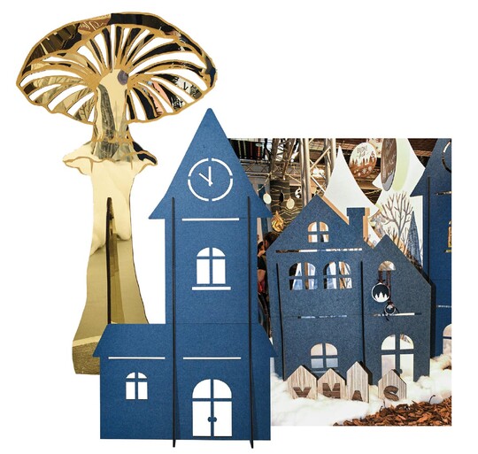 Das italienische Unternehmen MCC fertigt seit 1945 textile Verpackungslsungen und hat sich zunehmend auch auf Silhouetten aus Pappe, MDF oder leichtem Holz spezialisiert. Auf der Christmasworld prsentierte MCC ein winterliches Dorf mit Bumen und Husern in Standardgren bis 215 cm Hhe und der Mglichkeit, Einzelanfertigungen auch in anderen Gren zu bestellen. Im 160-seitigen Weihnachtskatalog finden sich auch Motive aus dem Wald, grafische Ornamente oder Sterne mit bis zu 48 cm Durchmesser. Die goldenen Pilze sind in drei Varianten und bis 192 cm hoch lieferbar. www.mccitalia.it