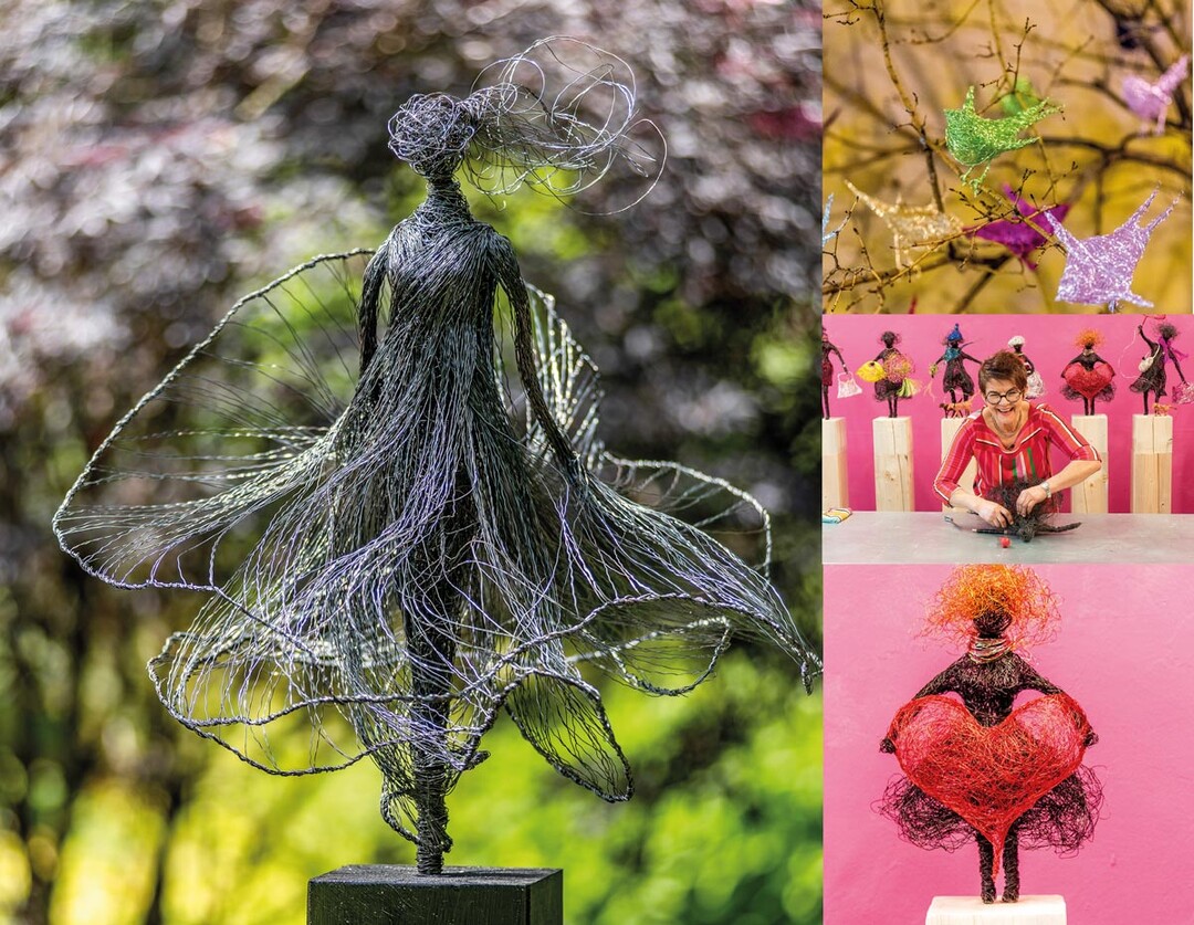 Figuren aus Draht – Für die Drahtfrau wird der Körper auf 18er-Steckdrähten separat geformt, das Kleid wird aus gespanntem und gezwirbeltem Draht gestaltet. Für die kleinen Vögel benötigt man jeweils eine Rolle Kupferlackdraht. Sie wird fast ganz abgespult und als lockere Kugel geformt. Dann werden Schwanz, Kopf, die Flügel und Beine aus der Kugel heraus- gearbeitet. Zum Schluss wird das Ganze mit dem Rest der Drahtrolle verspannt. „Lieblingsmenschen“ werden aus neun Rollen blaugeglühtem Wickeldraht gestaltet. Aus dem locke- ren Drahtgeflecht werden zuerst der Kopf, dann die Arme und zum Schluss die Beine geformt. Die individuelle Gestaltung einzelner Lieblingsmenschen kann mit farbigem Kupferlackdraht gearbeitet werden. Die Details werden nach Fertigstellung der Figur mit Draht „angenäht“.