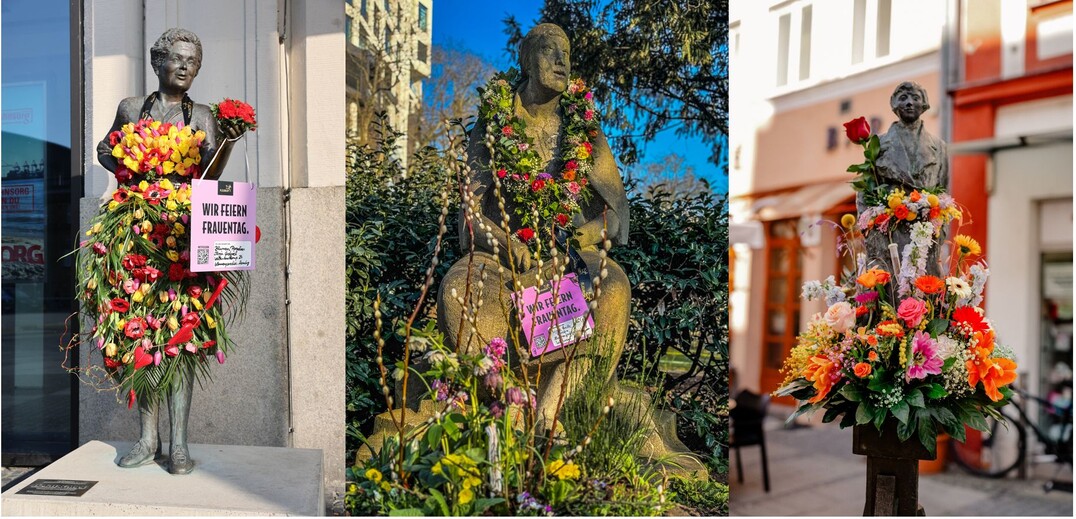 Fleurop setzt 2025 mit Blumenschmuck für weibliche Statuen und Denkmäler ein drittes Jahr in Folge ein Zeichen zum Internationalen Frauentag.