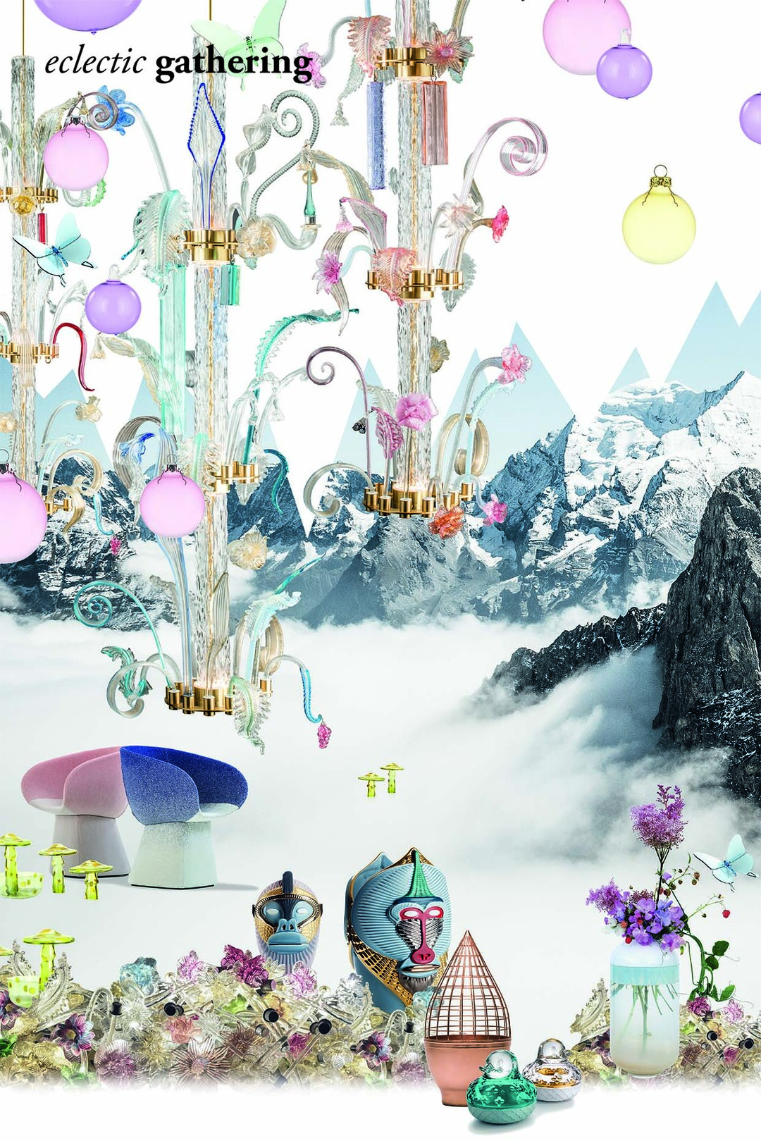 Der Christmasworld-Trend eclectic gathering erhebt das Gegensätzliche zum Konzept. Extrem unterschiedliche gestalterische Elemente treffen aufeinander: glamourös und sportlich, zart und intensiv, alltäglich und spektakulär. Die Collage bildet den Ausgangspunkt für diesen extravaganten Trend. Dominierende Töne sind Pink, Lemon, Mandarine und Azur kombiniert mit zartem Rosé, Schwarz und edlem Gold.