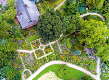 Blick auf den Mnsterhof im 
Arboretum Ellerhoop mit seinem 
farbenfrohen Bauerngarten und 
der 350 Jahre alten Stiel-Eiche.