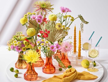 Chrysanthemen-Blten und ein Struchen werden zur unkomplizierten sommerlichen Tisch-Dekoration arrangiert. Retro, frhlich, dekorativ und gnstig. Fr junge Konsumenten, die Cocktail-Party oder ein Get-together ohne groes Spektakel.