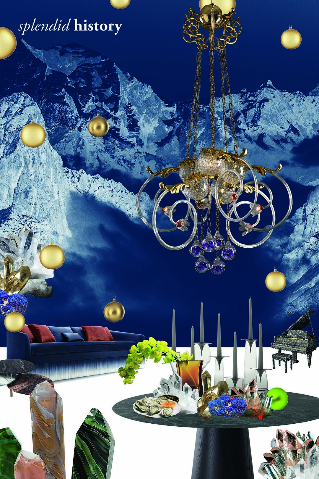Der Christmasworld-Trend splendid history wirkt aufwändig, extravagant und opulent. Die Designs sind dekorativ, oftmals mit vielfältigen historischen Zitaten versehen, die aber auch einen sehr zeitgemäen Ansatz erkennen lassen. Eine elegante Reihe dunkler, voller Töne lässt Aventurin, edles Aquamarin und warmes Gold hervorglänzen. Der prunkvolle Habitus scheint einer vergangenen, glorreichen Epoche zu entstammen. Raffi-nierte Textilien, Spitze, Edelsteine, Perlen, Marmor, metallische Oberflächen und dunkle Hölzer  die Materialien wirken erlesen und kostbar. Als extrava- gante Motive dienen Palmwedel, groe Federn, exotische Blätter, magische Landschaftsszene- rien und royale, historische Aspekte.