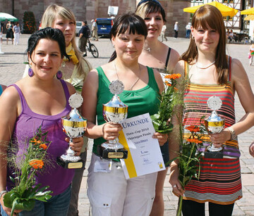 Flora-Cup Finale
in Thringen
(v.l.n.r.): Sandra
Zabel, Vera Dinges
und Franziska
Bhm,
im Hintergrund:
Nancy Psger
und Josephine
Knupp.