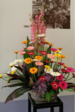 Bei einer Ausstellung zum 50. Geburtstag des
egaparks versetzten Sträuße und Gestecke von
den Anfangsjahren bis heute Besucher in eine
florale Zeitreise. Hier ist ein Blumenarrangement
im Stil der 1960er-Jahre abgebildet.