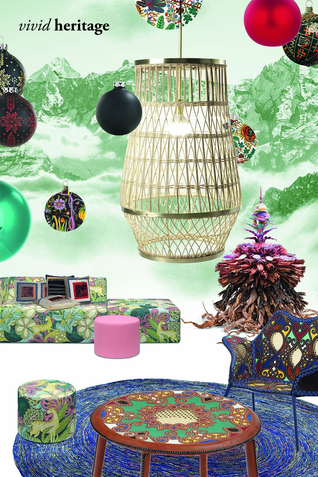 Der Christmasworld-Stil vivid heritage interpretiert traditionelle Handwerkstech- niken unterschiedlicher Kulturkreise auf sehr lebhafte, moderne Weise mit kräftigen Far- ben wie Senf, Petrol und Rot. Auffallend sind folkloristische, ethnische Muster, Motive, Applikationen und Stickereien.